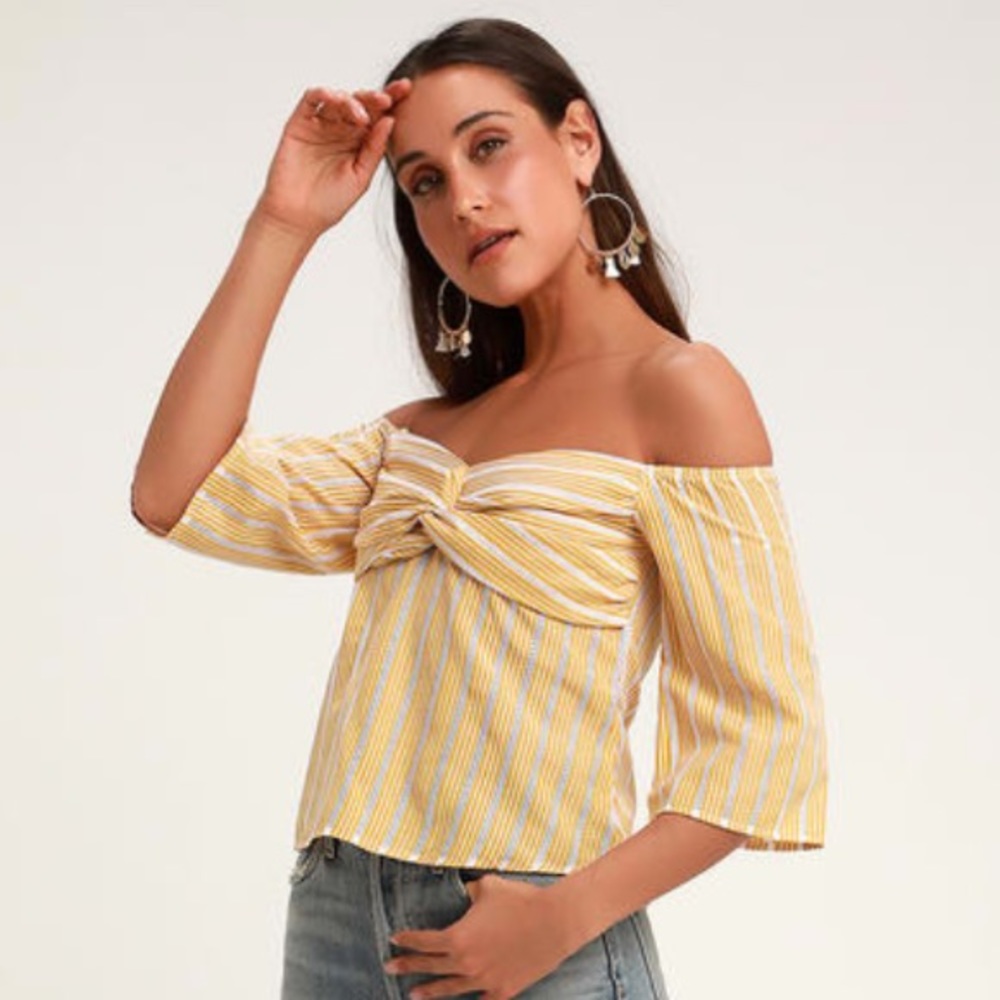 Lulus Beyond Belief Yellow Striped Knot-Front Off-The-Shoulder Top
